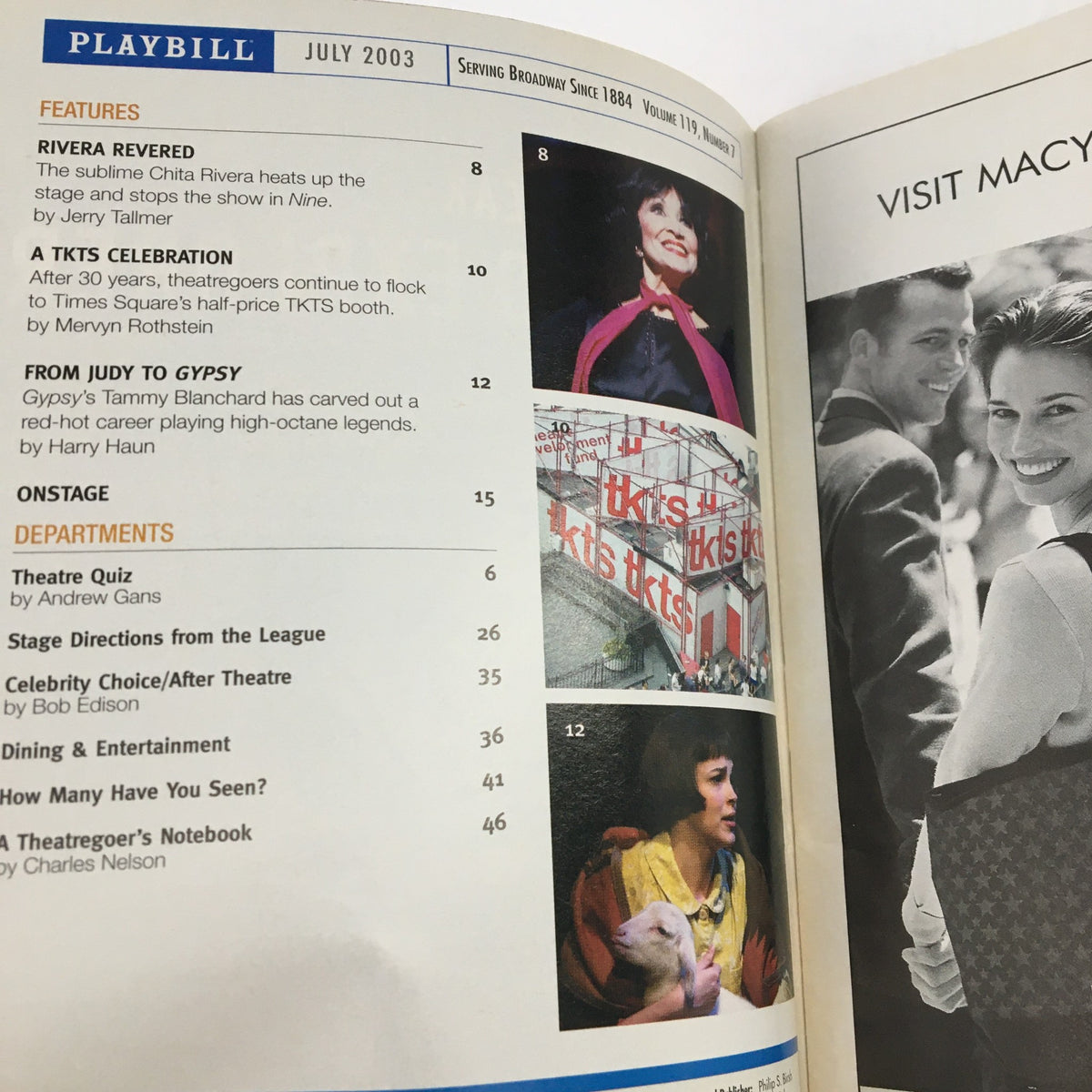 Inside page of the July 2003 Playbill, showcasing additional theater features and listings, including articles and events related to Broadway.