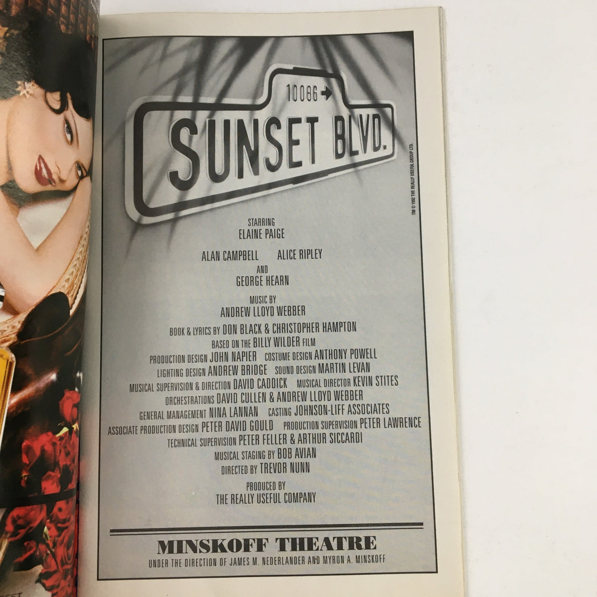1996 Playbill from Minskoff Theatre featuring 10086 Sunset Boulevard, starring Elaine Paige, Alan Campbell, and Alice Ripley, directed by Trevor Nunn.