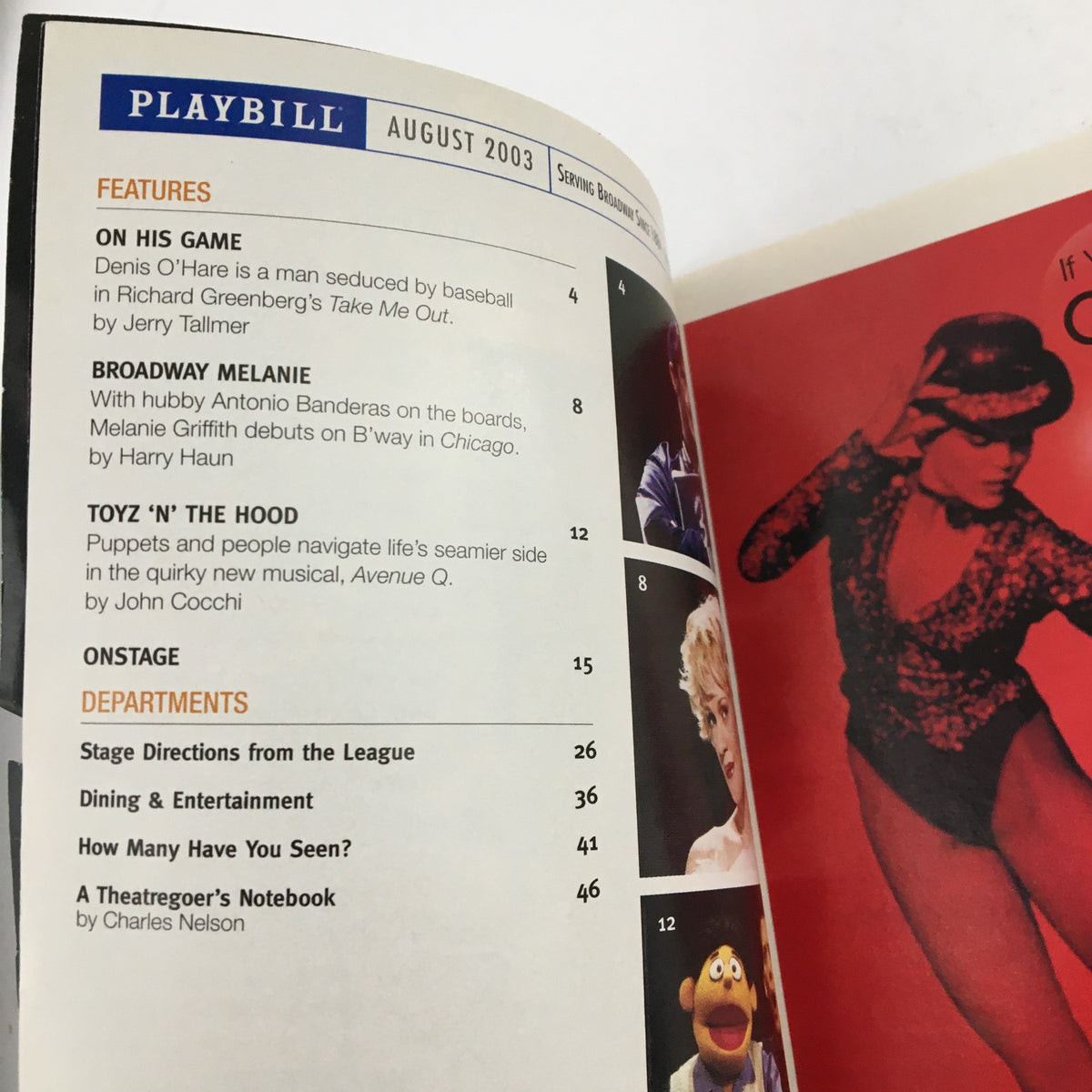 Inside page of the 2003 Playbill for Take Me Out, featuring content from August 2003, including articles and listings related to Broadway performances.