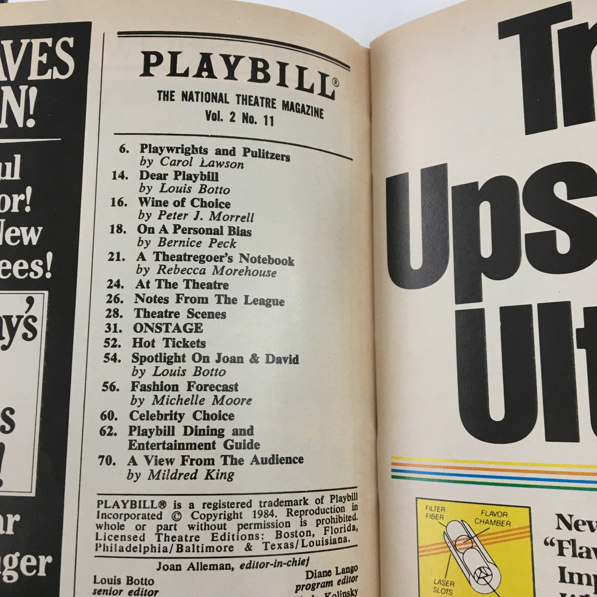 Inside page of the 1984 Playbill for 'Sunday In The Park With George' showcasing article titles and editorial content related to American theatre.