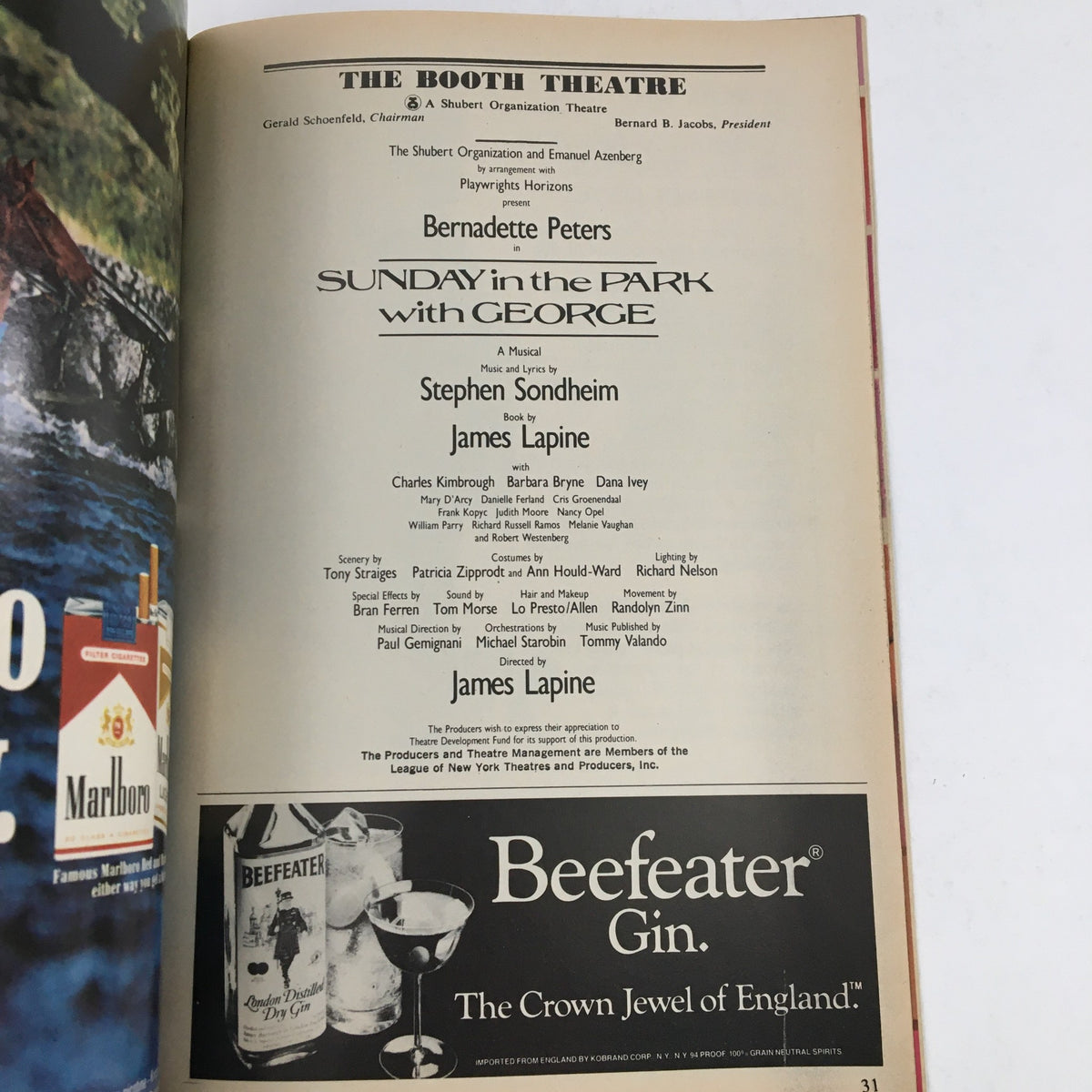 Program page from the 1984 Playbill for 'Sunday In The Park With George', listing key cast members and production credits at The Booth Theatre.