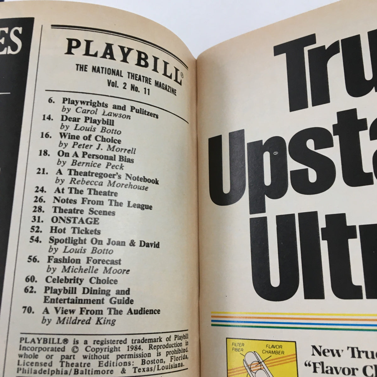 Interior page of the 1984 Playbill highlighting articles and features from the National Theatre Magazine, related to Nureyev and Friends performance.