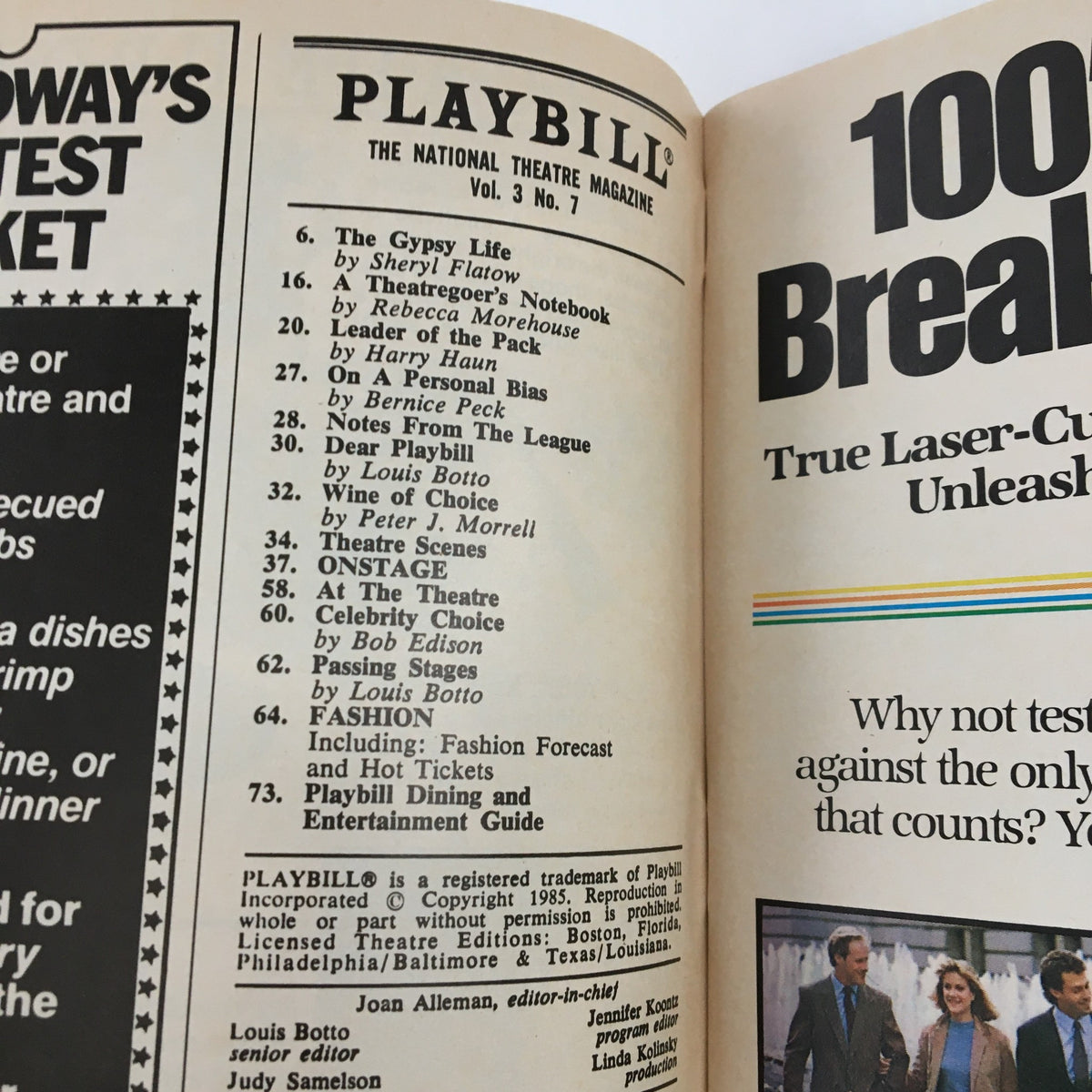 Inside pages of a 1985 Playbill showcasing listings and features, including Joe Egg at the Longacre Theatre.