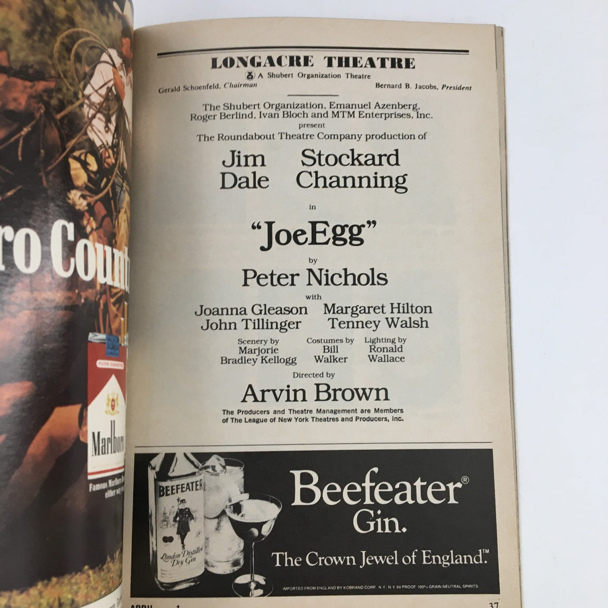 1985 Playbill featuring Jim Dale in the production of Joe Egg by Peter Nichols at Longacre Theatre, showcasing cast details and theater information.