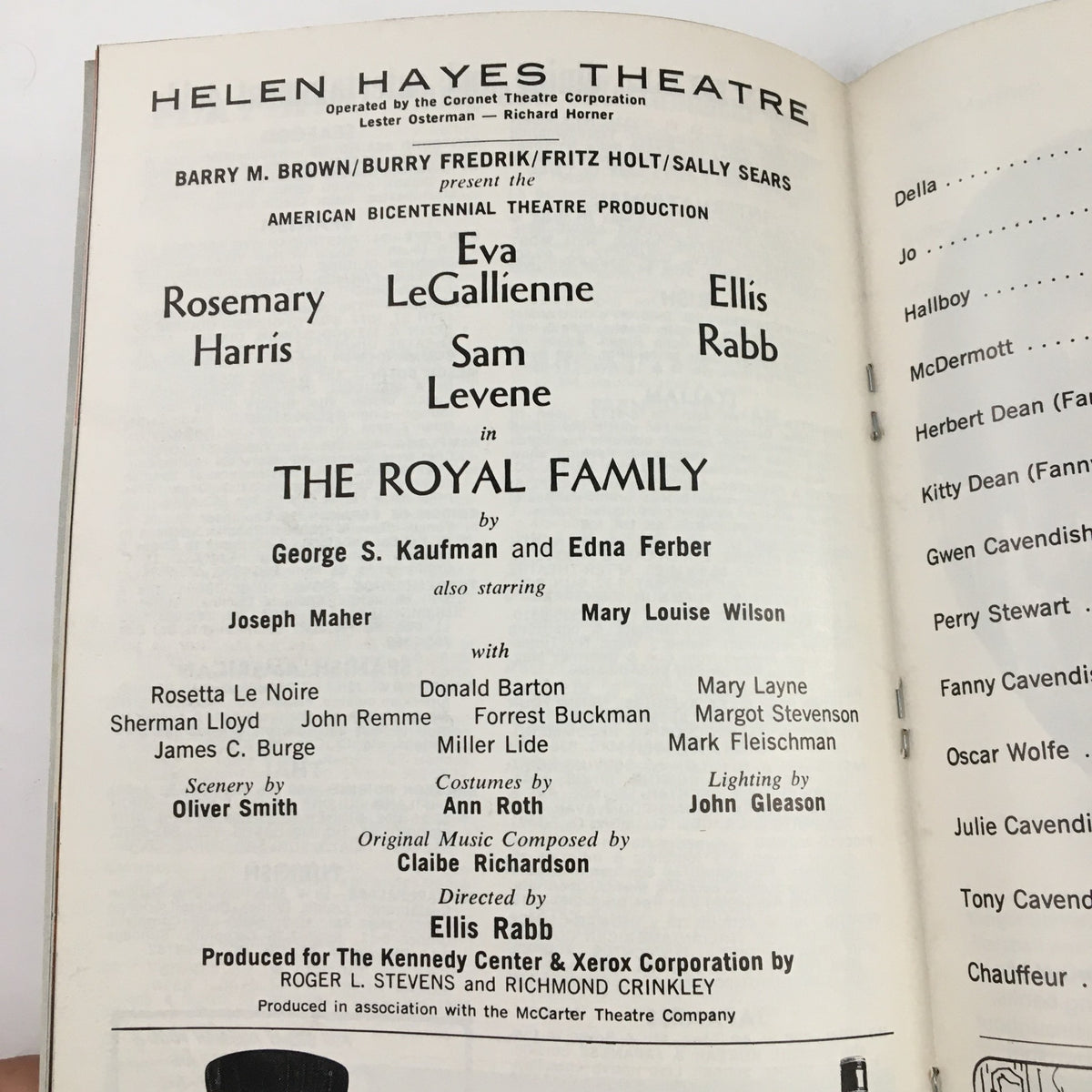 Another inside page of the 1976 Playbill for The Royal Family, featuring cast details and creative team contributions.