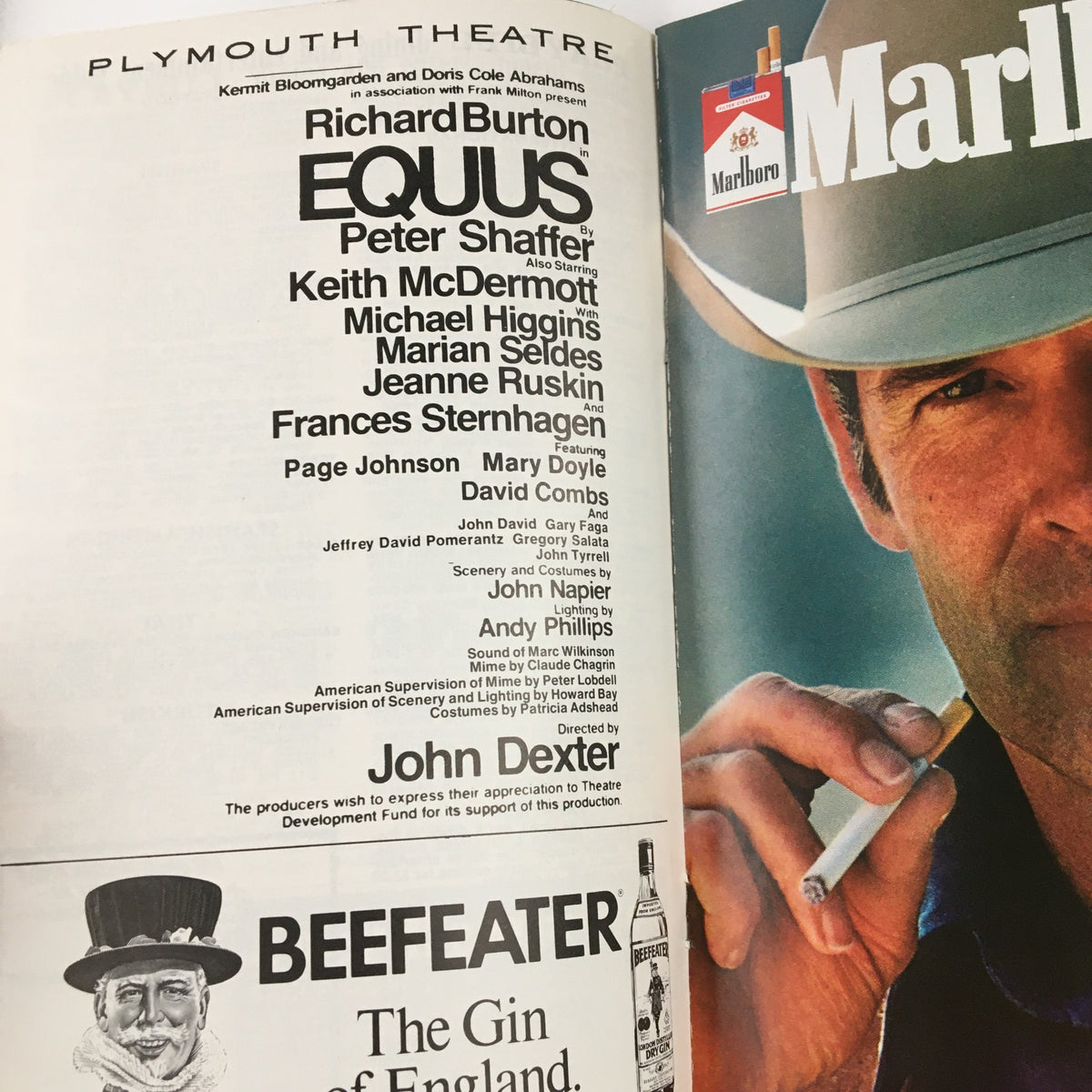 Another inside page of the 1976 Playbill for Plymouth Theatre's Equus, detailing the cast and creative team, including Richard Burton and Peter Shaffer.