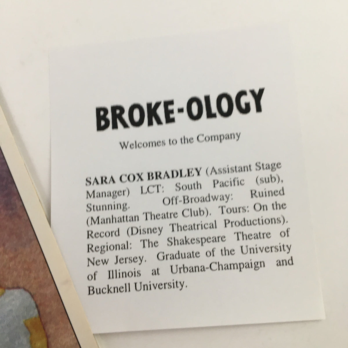 Informative insert for Broke-Ology production, featuring cast and crew details including assistant stage manager Sara Cox Bradley.