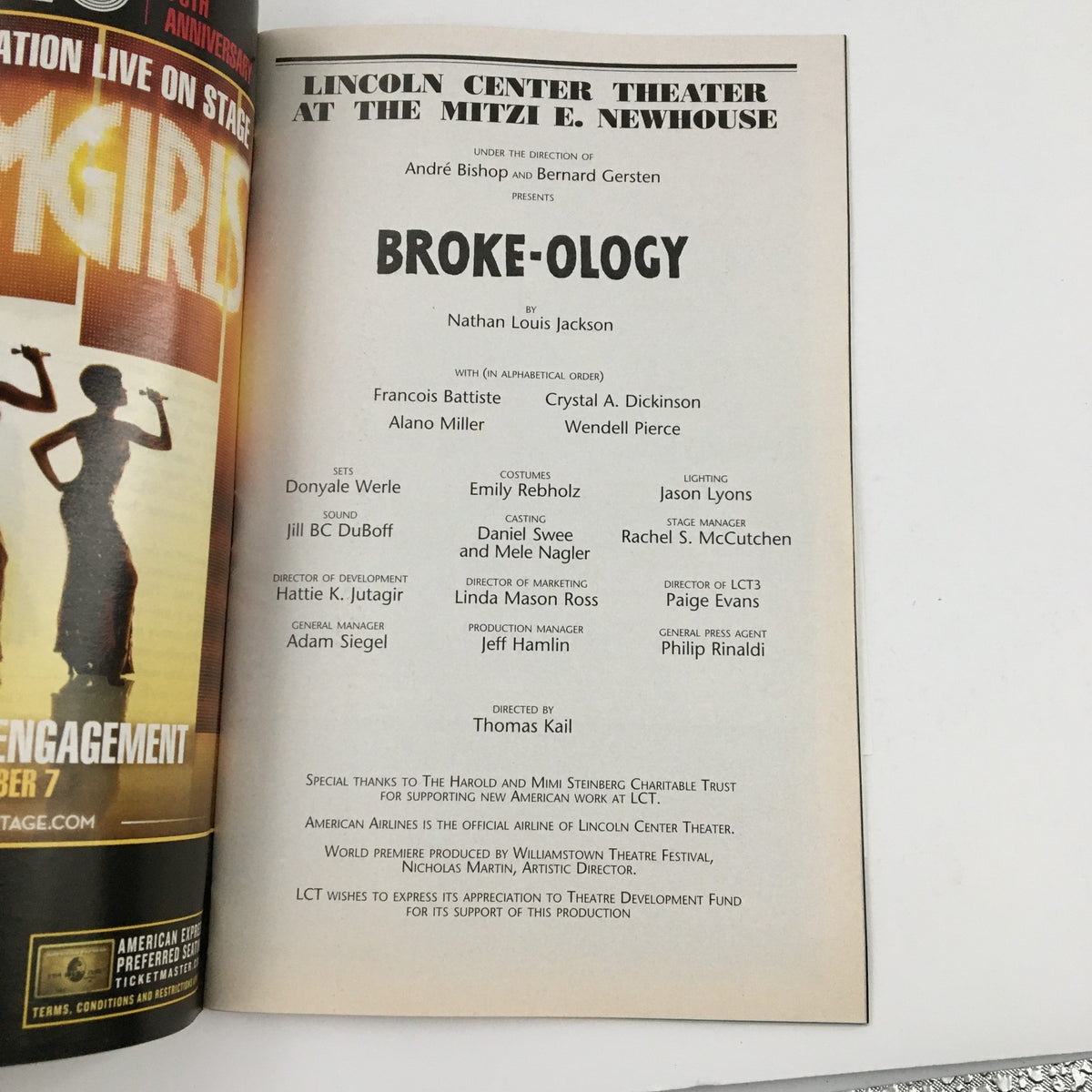 2009 Playbill page showcasing details of Broke-Ology by Nathan Louis Jackson at the Lincoln Center Theatre, including cast and crew credits.