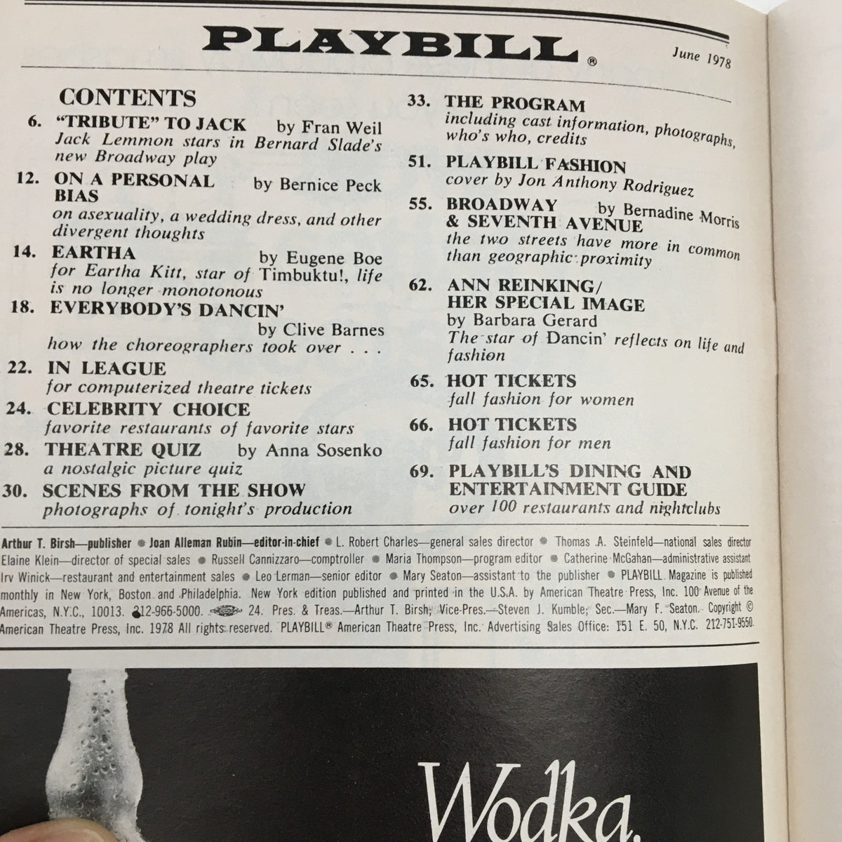 Inside page of the 1978 Playbill for Chapter Two, displaying contents and features of the production.