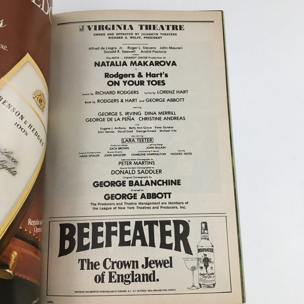1983 Playbill Virginia Theatre featuring Natalia Markova in On Your Toes, showcasing cast and production details along with an advertisement for Beefeater.