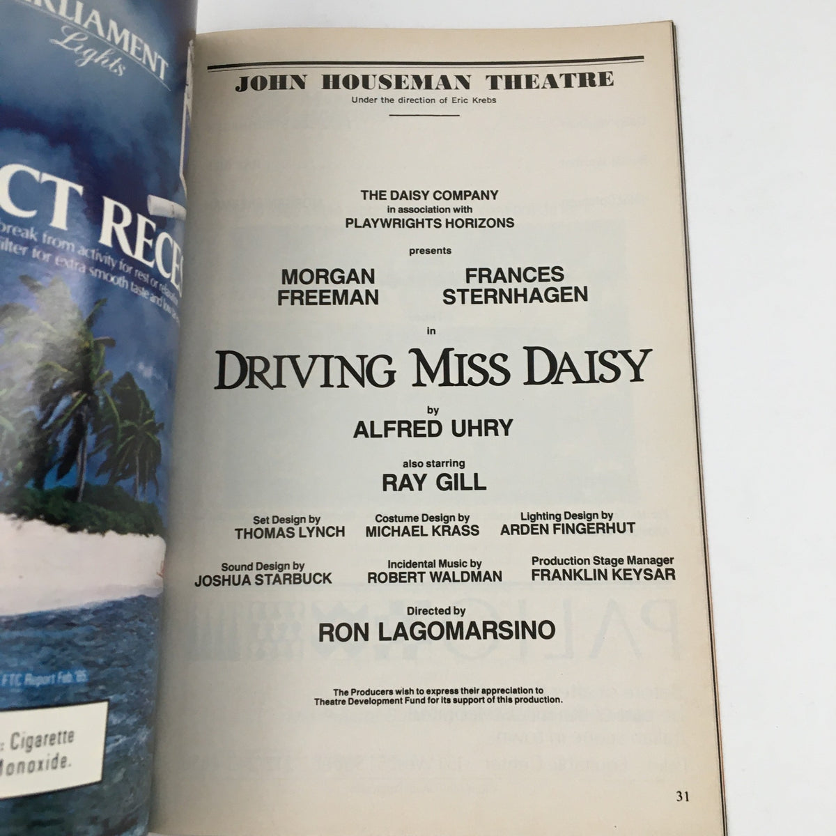 Credits page of the 1988 Playbill for Driving Miss Daisy detailing the cast and production team including Morgan Freeman.
