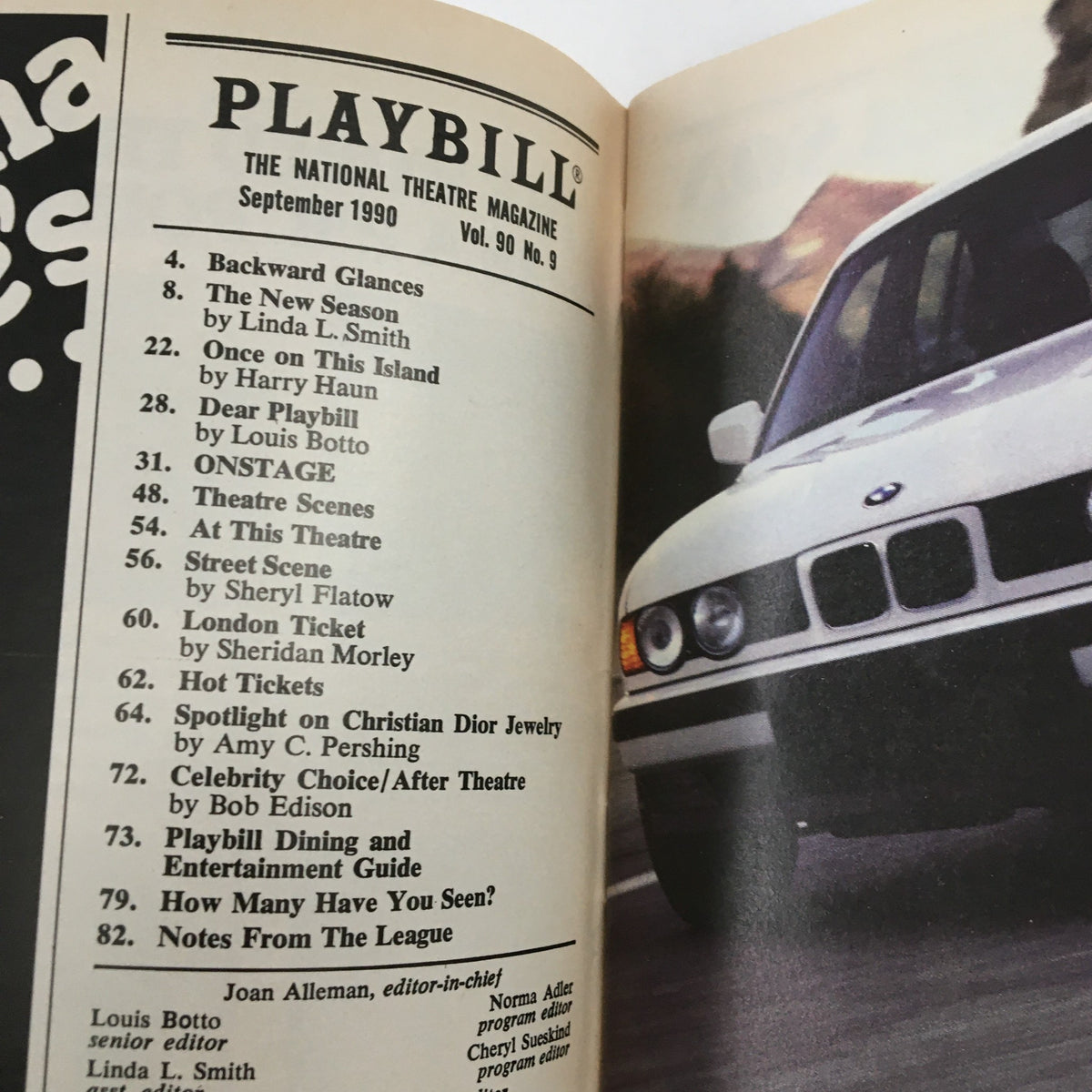 Inside the 1990 Playbill for Stand-Up Tragedy by Bill Cain, displaying the contents page from September 1990, featuring various articles and theater-related information.