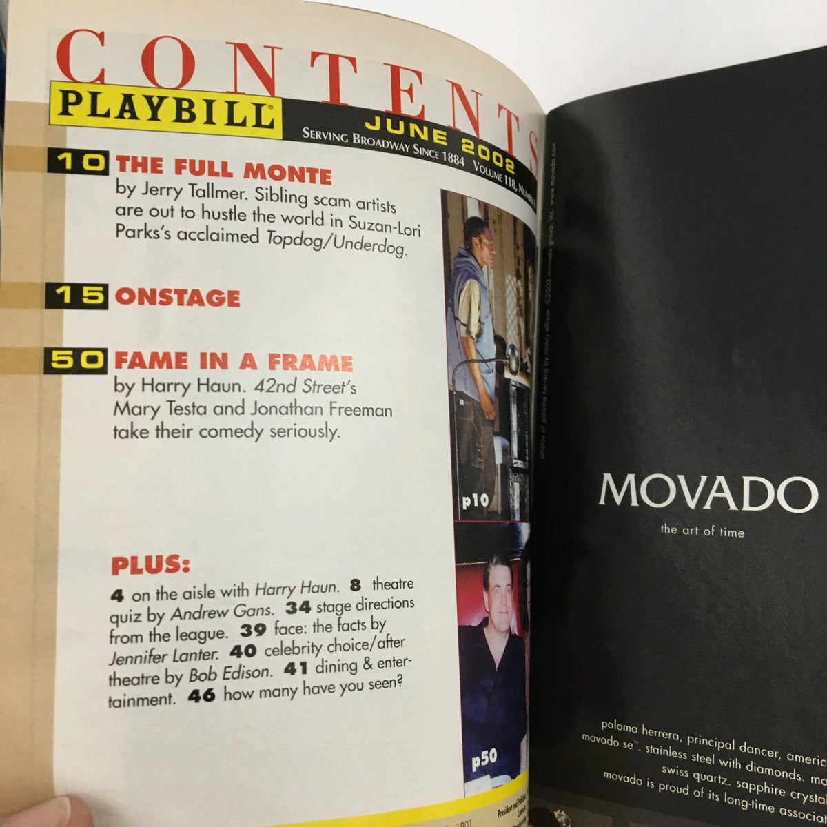 Inside page of the 2002 Playbill for 'Fortune's Fool', displaying the contents section with notable articles and features, including a piece on Harry Haun.