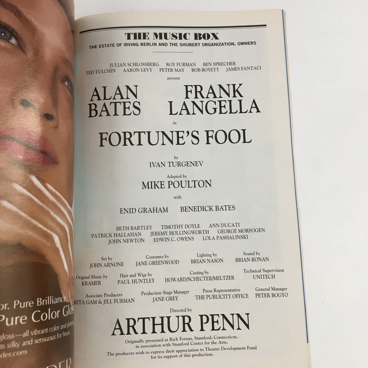 2002 Playbill for The Music Box presenting Alan Bates in Fortune's Fool by Arthur Penn, showcasing cast and production details on vibrant pages.