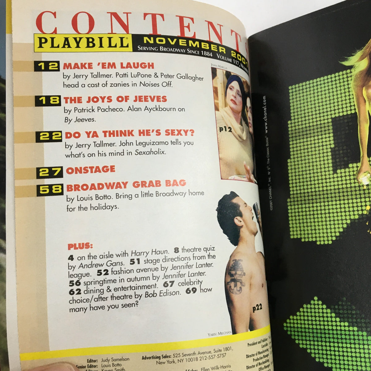 Inside content page of the 2001 Playbill for Neil Simon's 45 Seconds From Broadway, showcasing articles and features.