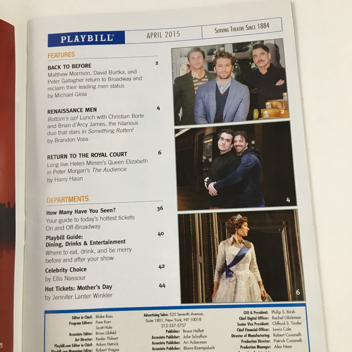 Interior page of the 2015 Playbill for An American in Paris, showcasing features and articles related to Broadway performances, highlighting notable cast members and theater insights.