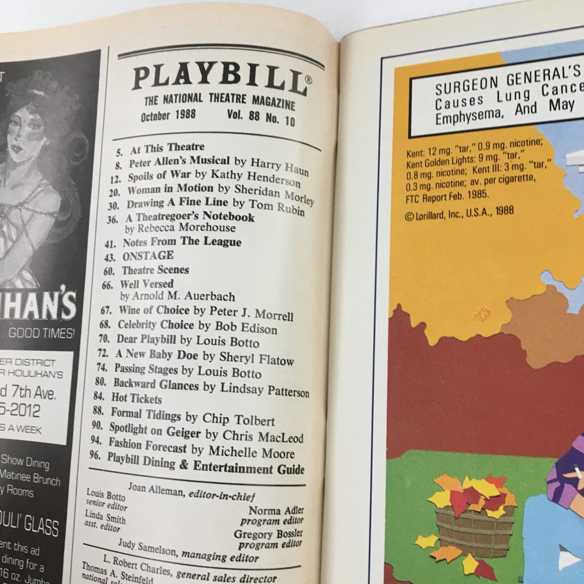 Content page of the October 1988 Playbill featuring the lineup of performances, including Cats by Andrew Lloyd Webber, and various articles related to the theatre.