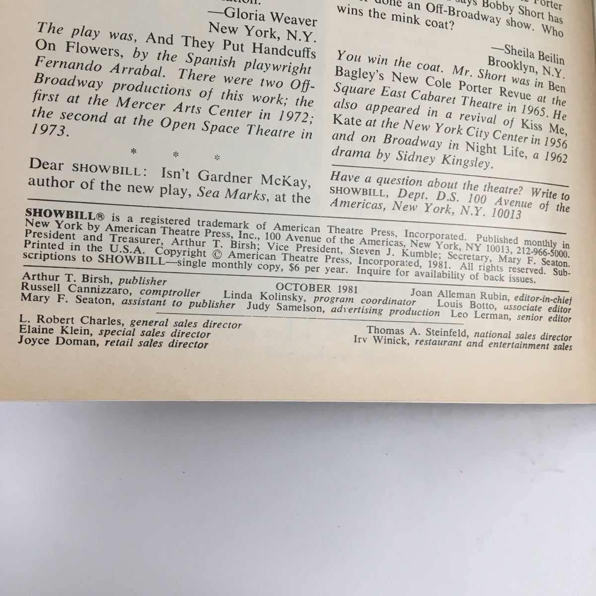 Back page of the 1981 Showbill for American Buffalo, featuring additional text and ads related to the theater and production.