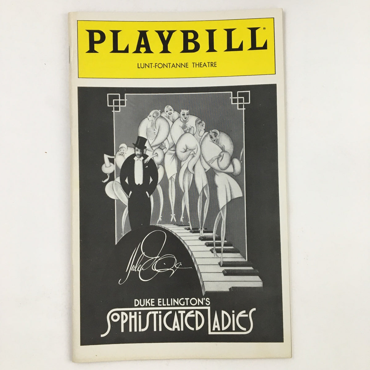 1981 Playbill for Duke Ellington's Sophisticated Ladies at the Lunt-Fontanne Theatre, featuring elegant black and white artwork with a well-dressed man and stylized female figures.
