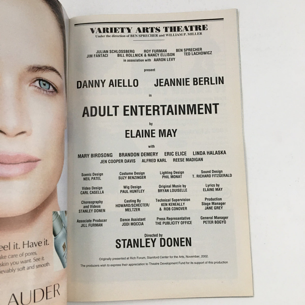 The cast and crew credits page from the 2003 Playbill for Adult Entertainment by Elaine May, highlighting contributors and production details.