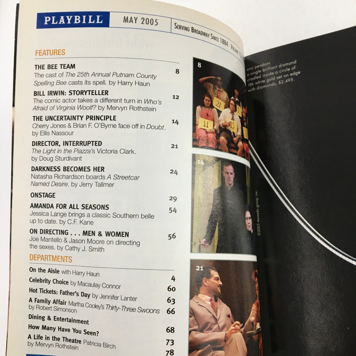 May 2005 Playbill contents page with features including The Bee Team and Darkness Before Dawn, highlighting Brian Stokes Mitchell's Love/Life.