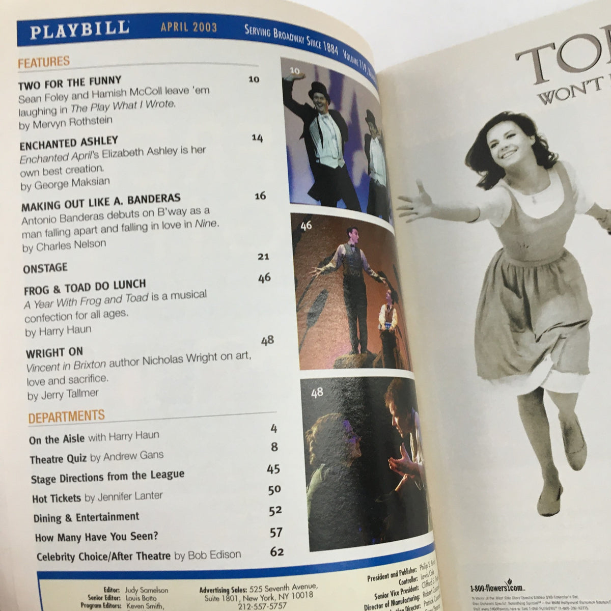 Interior page of the 2003 Playbill for 'The Look of Love' showcasing articles and features related to the April 2003 edition.