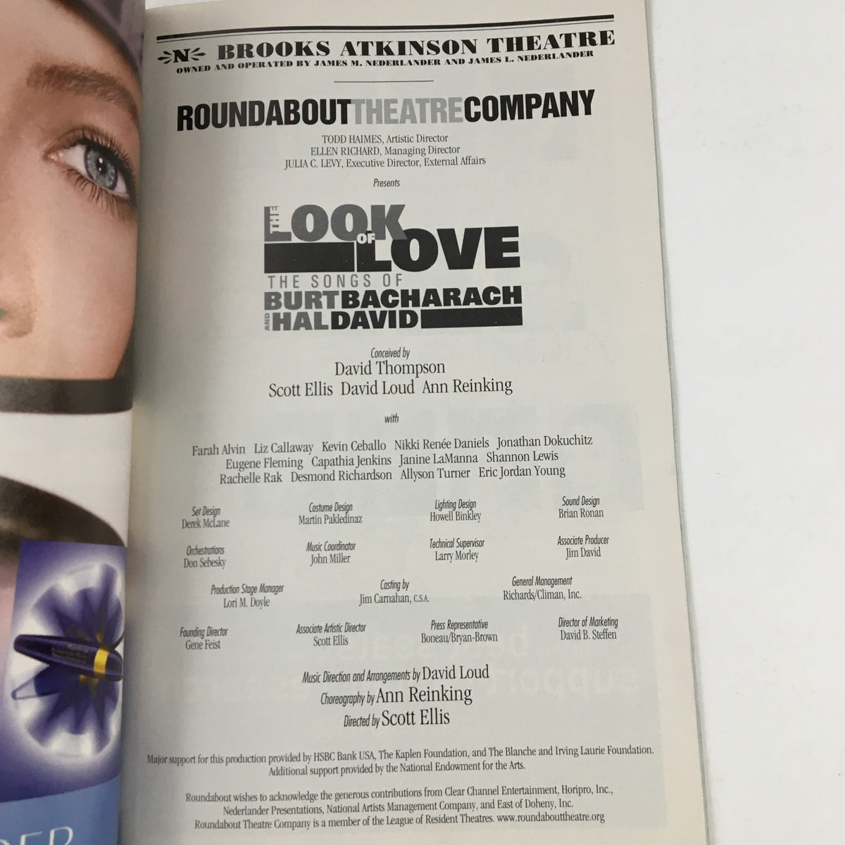 Cast and crew list from the 2003 Playbill for 'The Look of Love' detailing contributors including David Thompson and Ann Reinking.