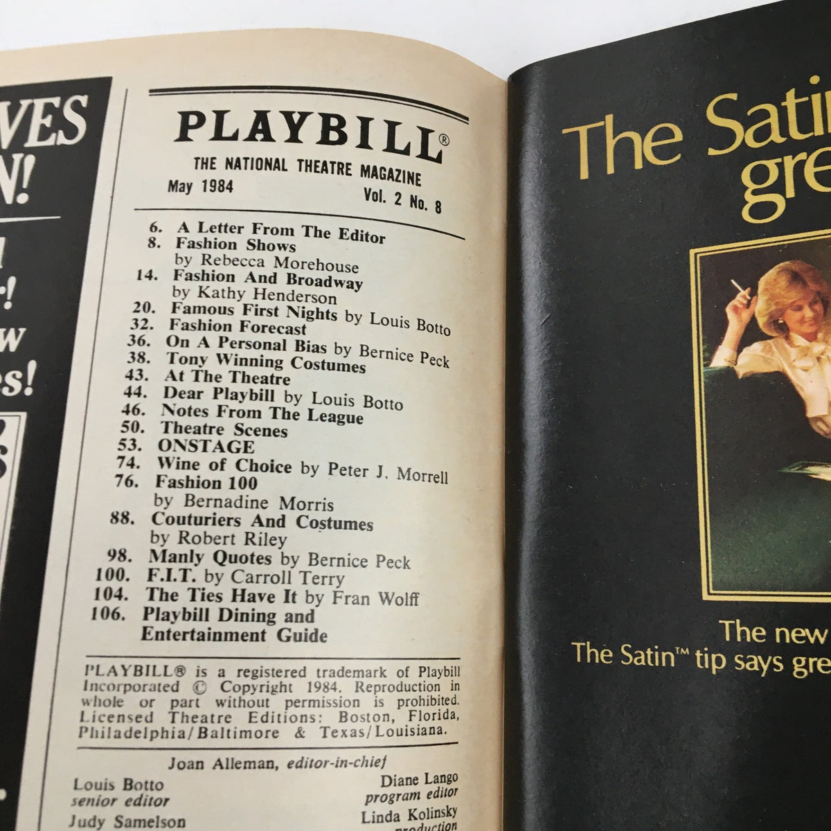 Inside of 1984 Playbill featuring Shirley MacLaine on Broadway, including contents and editor's letter from May 1984.