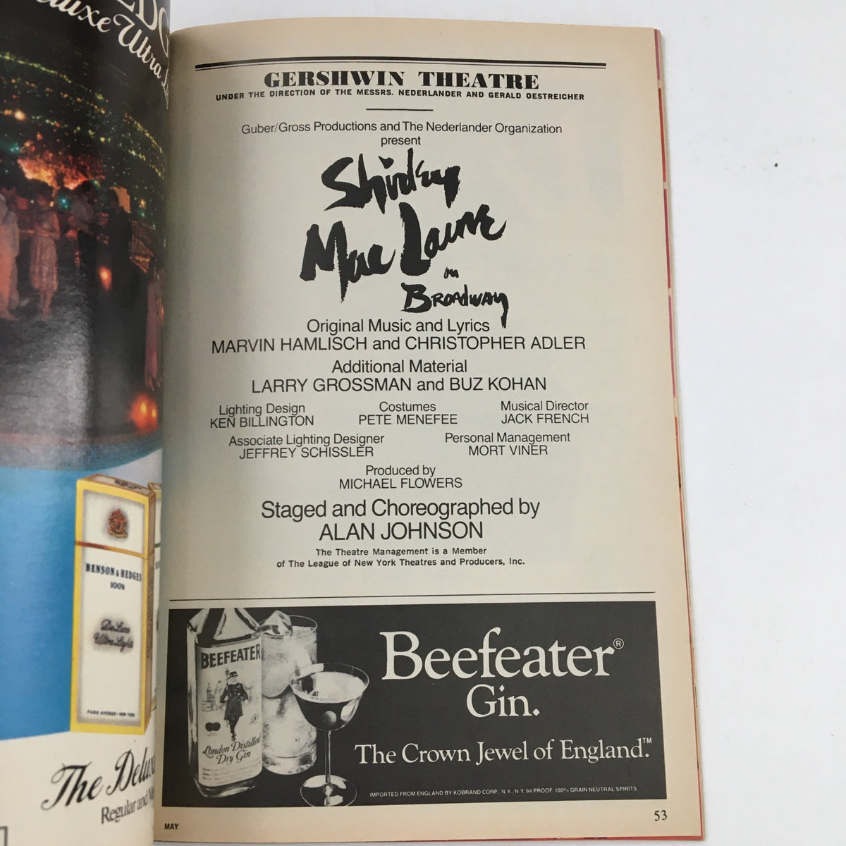 Page from 1984 Playbill for Shirley MacLaine on Broadway, detailing original music, lyrics, and production staff at Gershwin Theatre.
