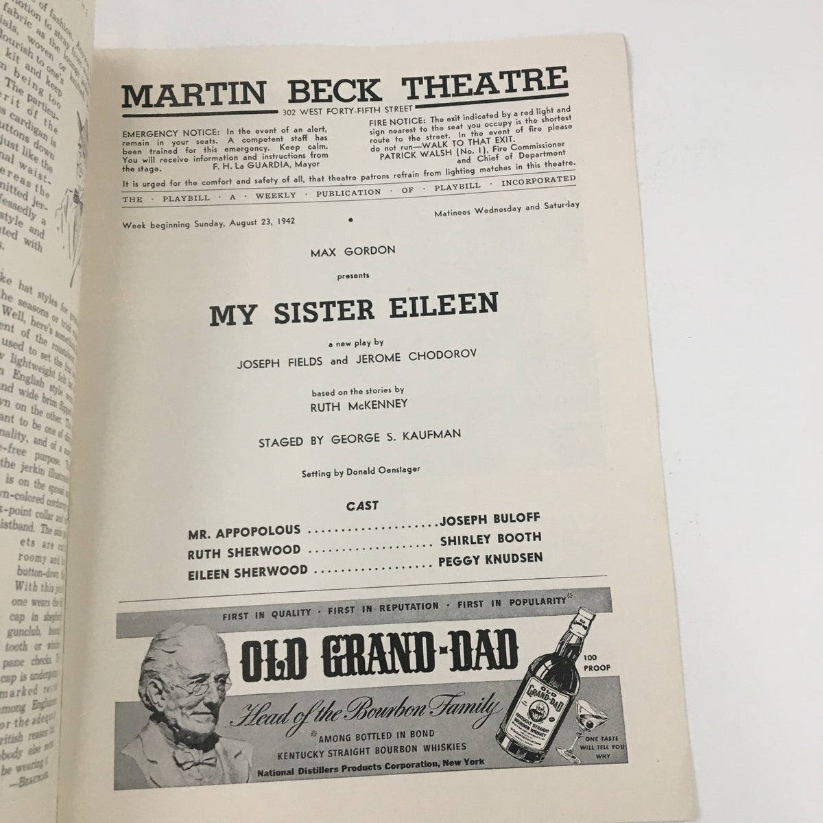 Inside page of the 1942 Playbill for My Sister Eileen detailing the cast and production information from the Martin Beck Theatre, an essential piece for Broadway collectors.
