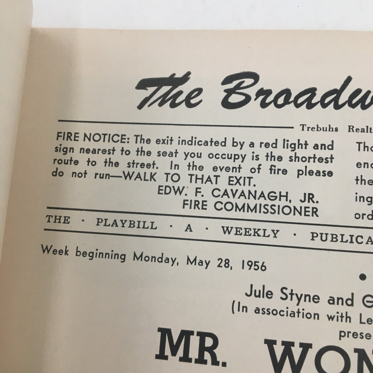 Another interior page of the 1956 Playbill for Mr. Wonderful, highlighting additional production notes and fire safety information.