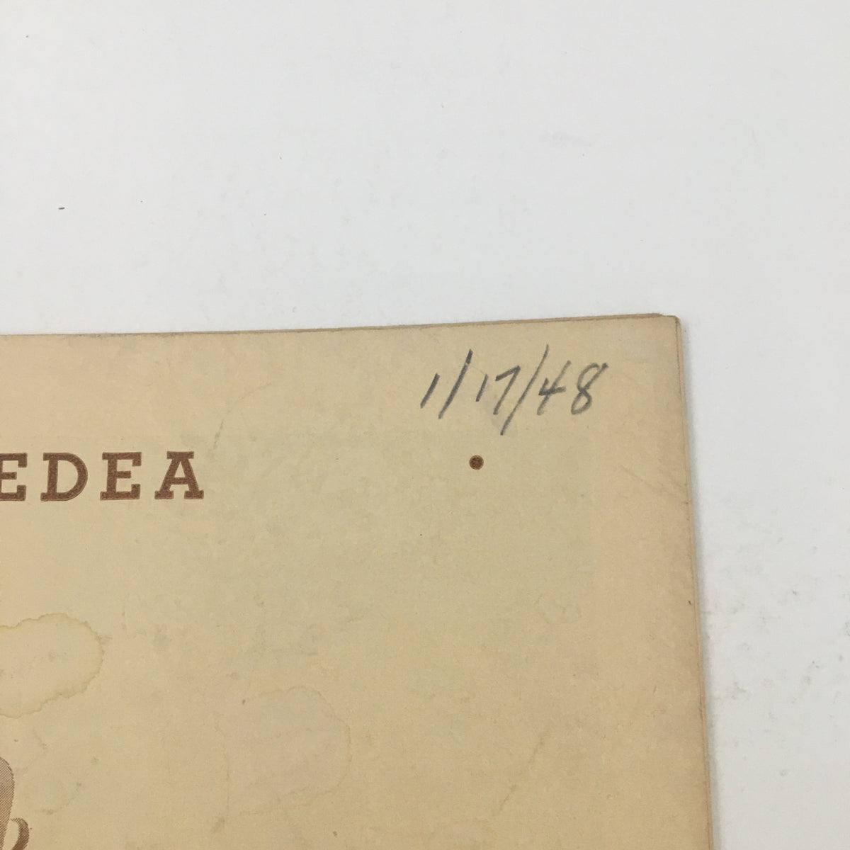 Detail of the 1948 Playbill Royale Theater, showing the date '11/7/48' handwritten on the cover featuring Judith Anderson in Medea.