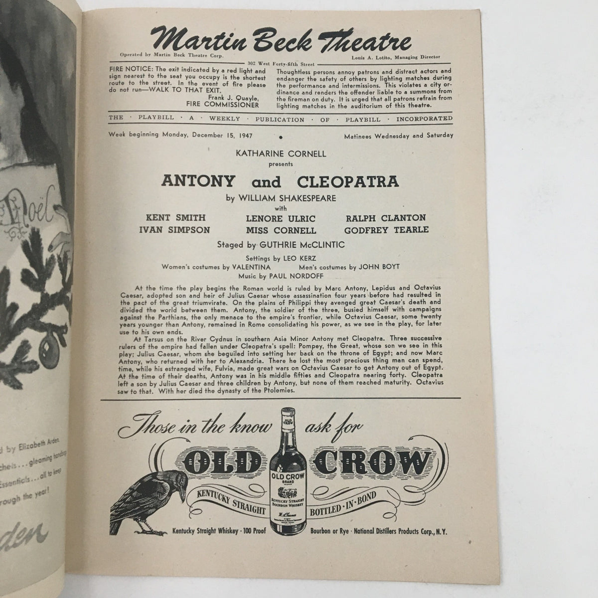 Inside page of the 1947 Playbill for Anthony & Cleopatra, detailing the cast and production information at the Martin Beck Theatre.