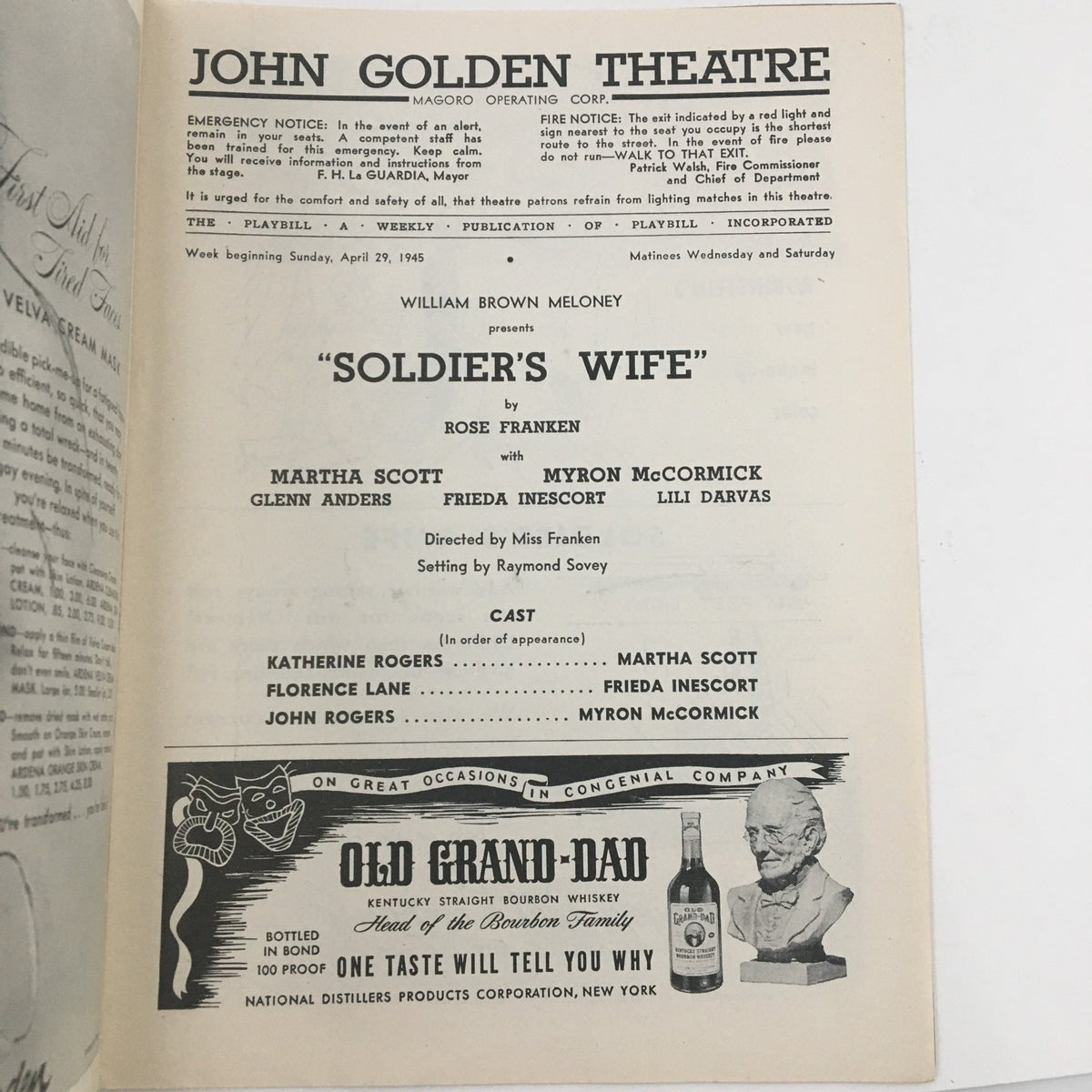 Interior page of the 1945 Playbill for Soldier's Wife, listing the cast and details of the production at the John Golden Theatre.