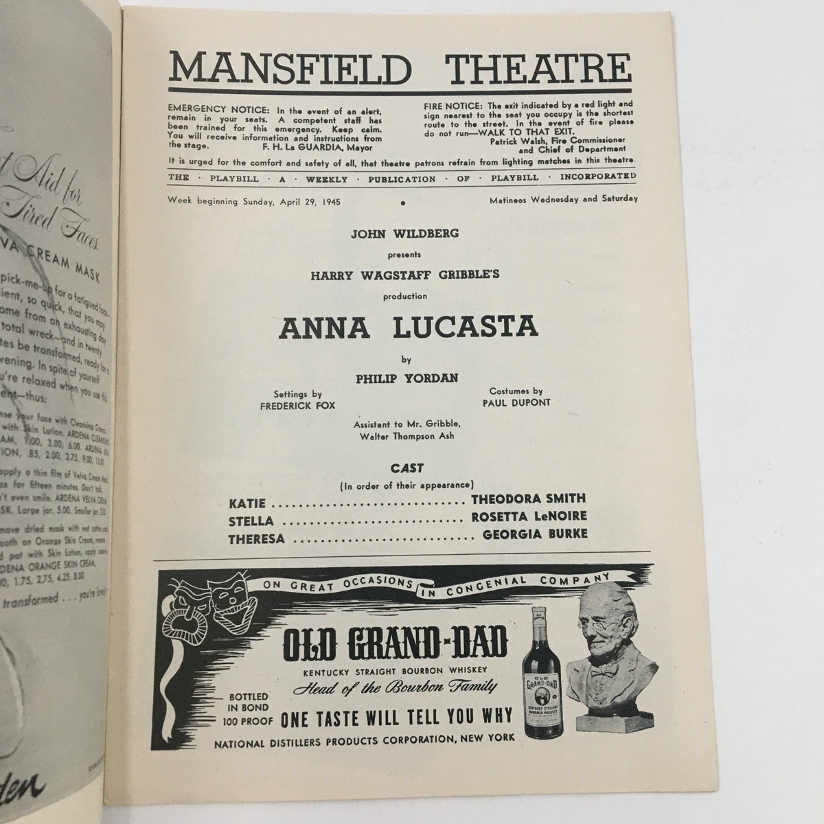Interior page of the 1945 Playbill for Mansfield Theatre presenting 'Anna Lucasta' by P. Yordan, listing cast and production details.