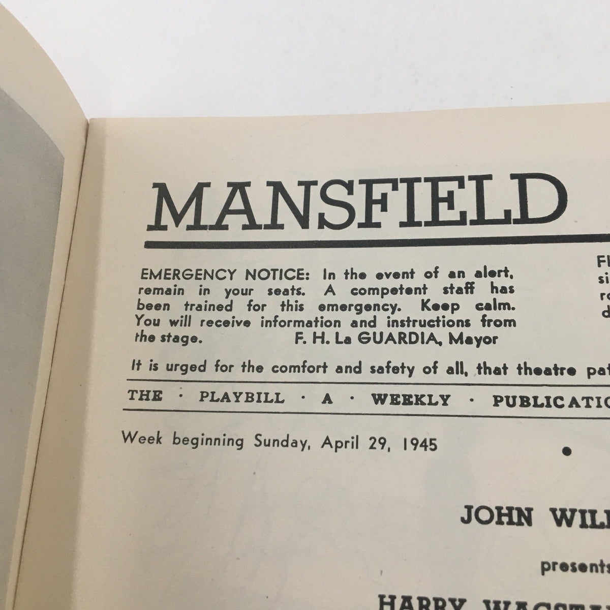 Emergency notice section from the 1945 Playbill for Mansfield Theatre, detailing safety instructions for 'Anna Lucasta' by P. Yordan.