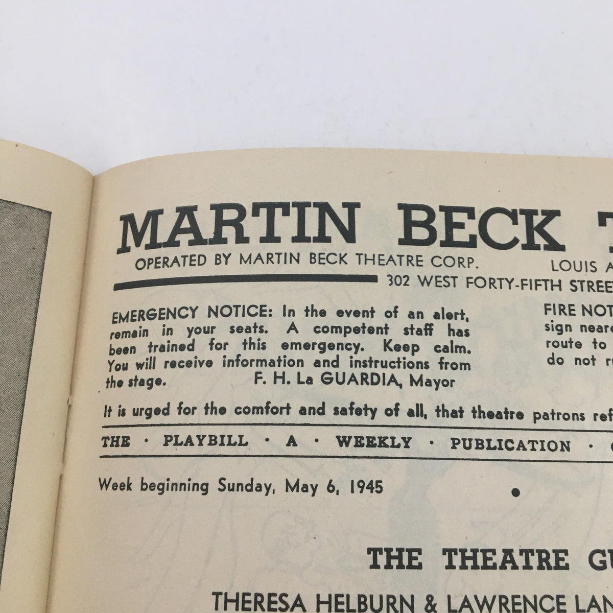 1945 Playbill Martin Beck Theatre emergency notice and additional show details for Foolish Notion starring Tallulah Bankhead.
