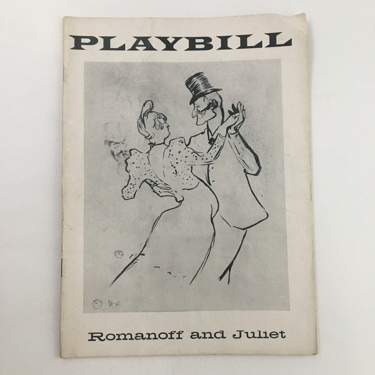 1957 Playbill for Romanoff and Juliet featuring a sketch of dancers on the cover, showcasing a classic theatrical design.