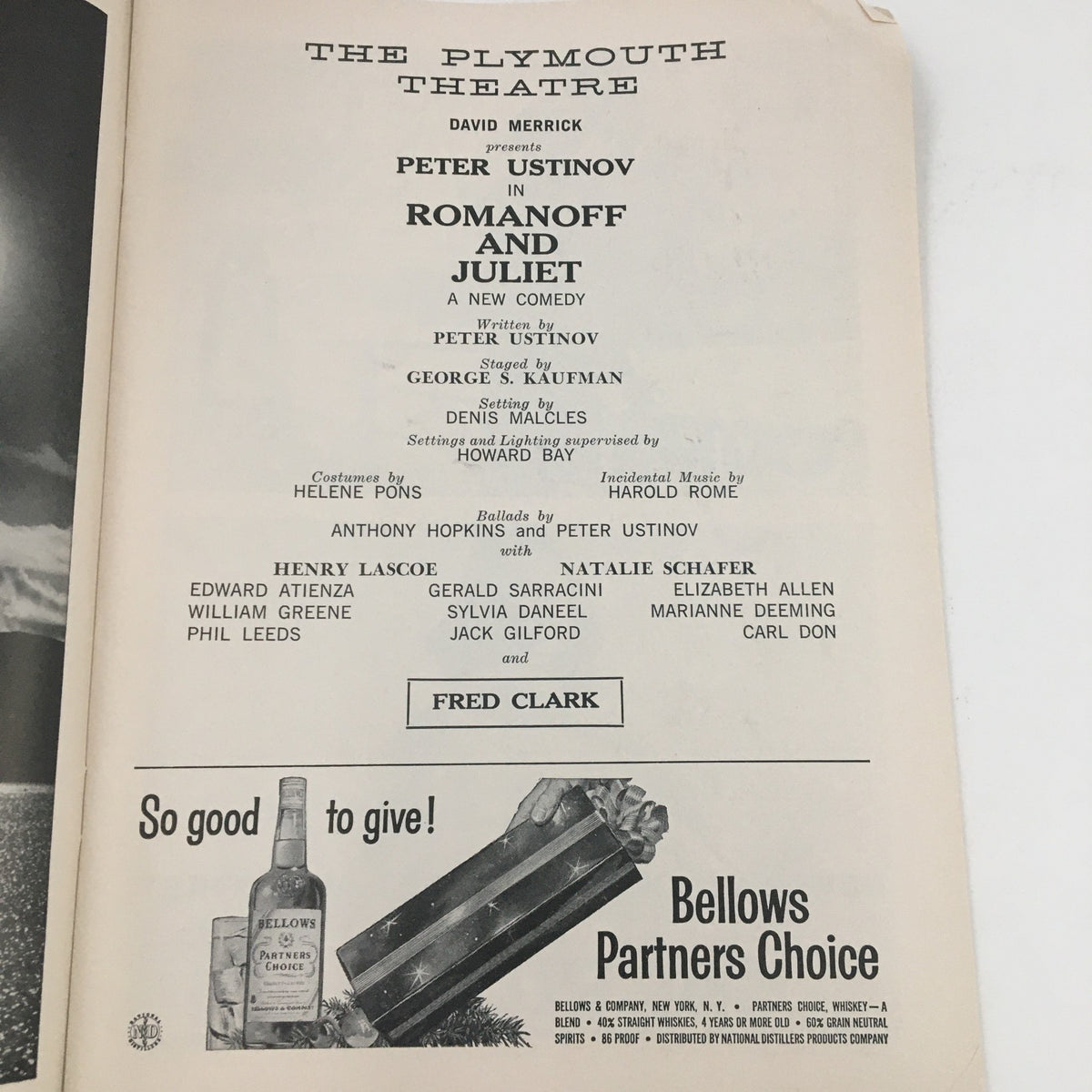 Inside page of the 1957 Playbill for Romanoff and Juliet, listing the cast and crew, showcasing Peter Ustinov's prominent role.