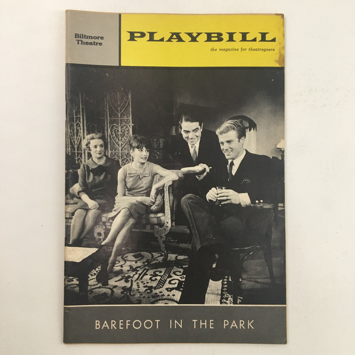 1964 Playbill for Barefoot In The Park at the Biltmore Theatre featuring a black-and-white image of four actors in a classic living room setting.