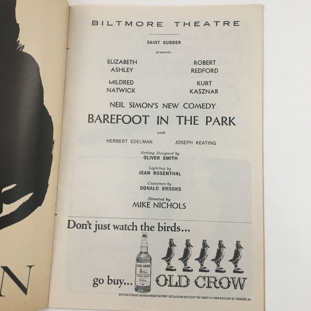 Interior page of the 1964 Playbill for 'Barefoot In The Park', featuring the cast list including Elizabeth Ashley and Robert Redford.