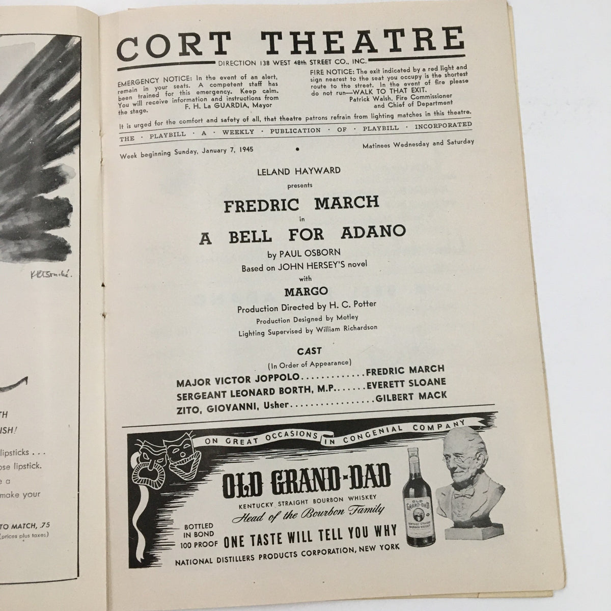 1945 Playbill for A Bell For Adano featuring the inside page detailing the cast and production staff at Cort Theatre.