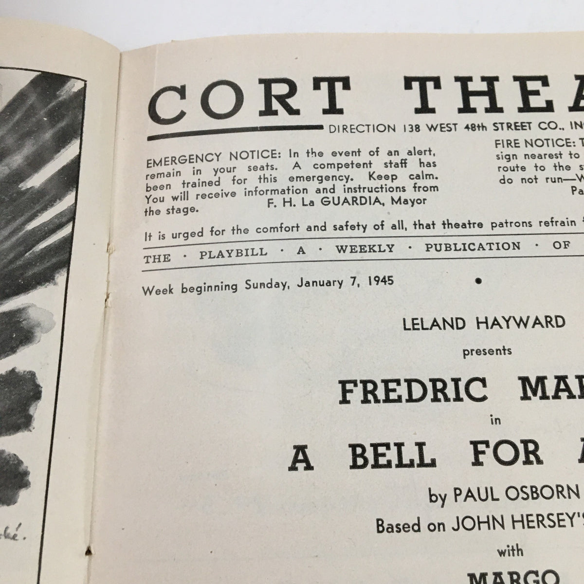 1945 Playbill for A Bell For Adano displaying emergency notices and production details from the Cort Theatre, dated January 7, 1945.