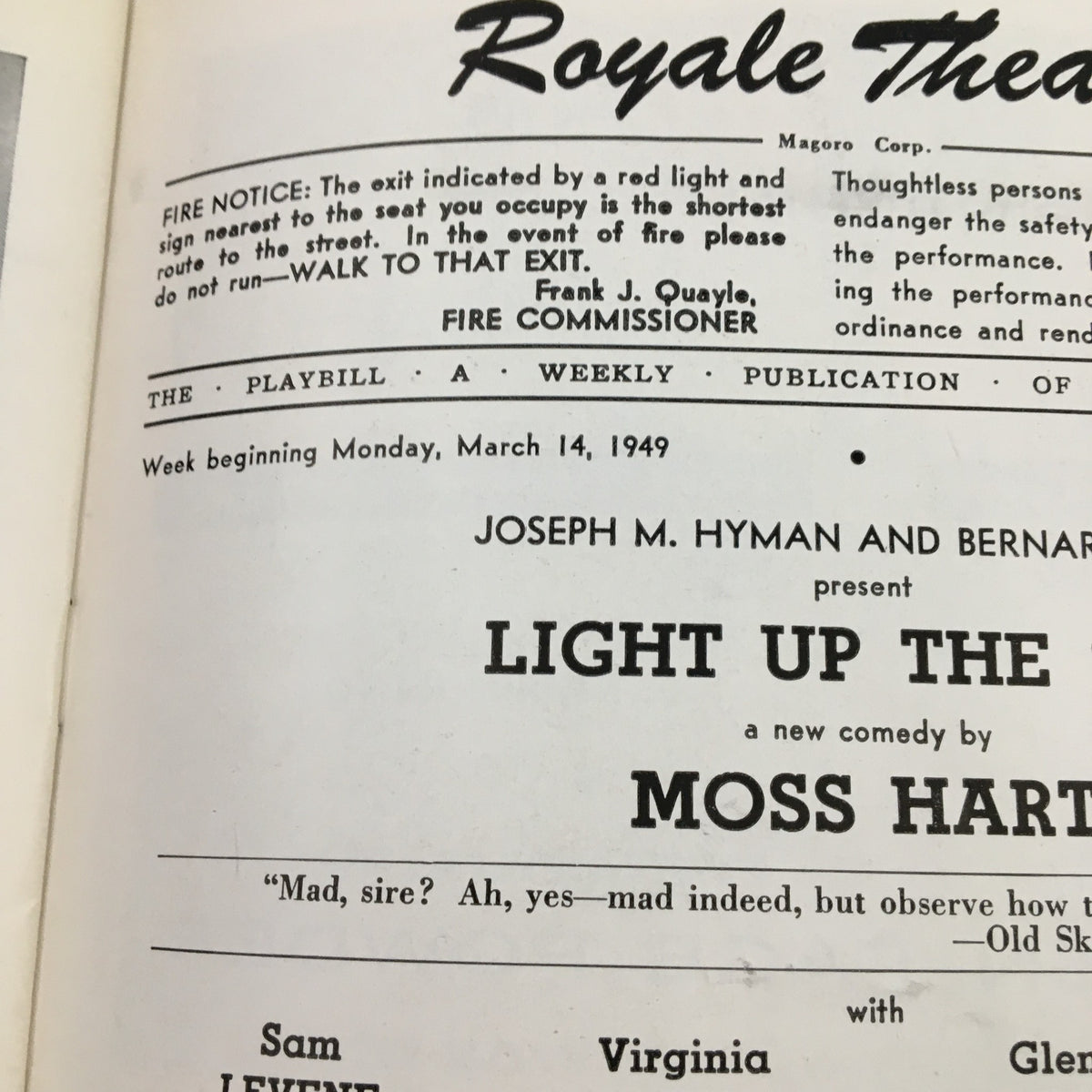 1949 Playbill cover for 'Light Up The Sky' by Moss Hart, featuring the Royale Theatre branding and performance date.