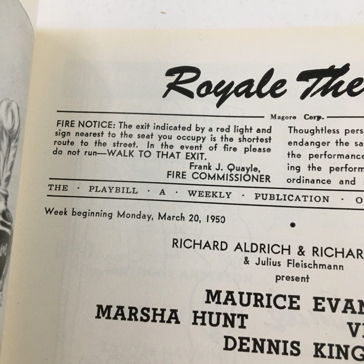 Close-up of the interior of the 1950 Playbill for The Devil's Disciple featuring information about the production and fire safety notice for the Royale Theatre.