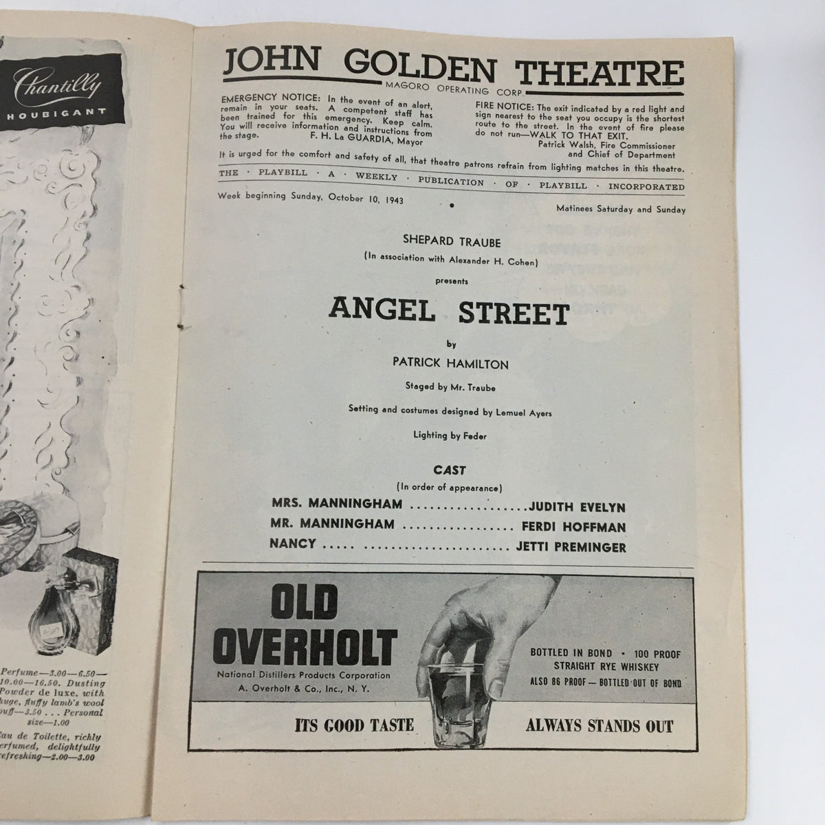 Interior page of the 1943 Playbill from John Golden Theatre, featuring the production details of 'Angel Street'.
