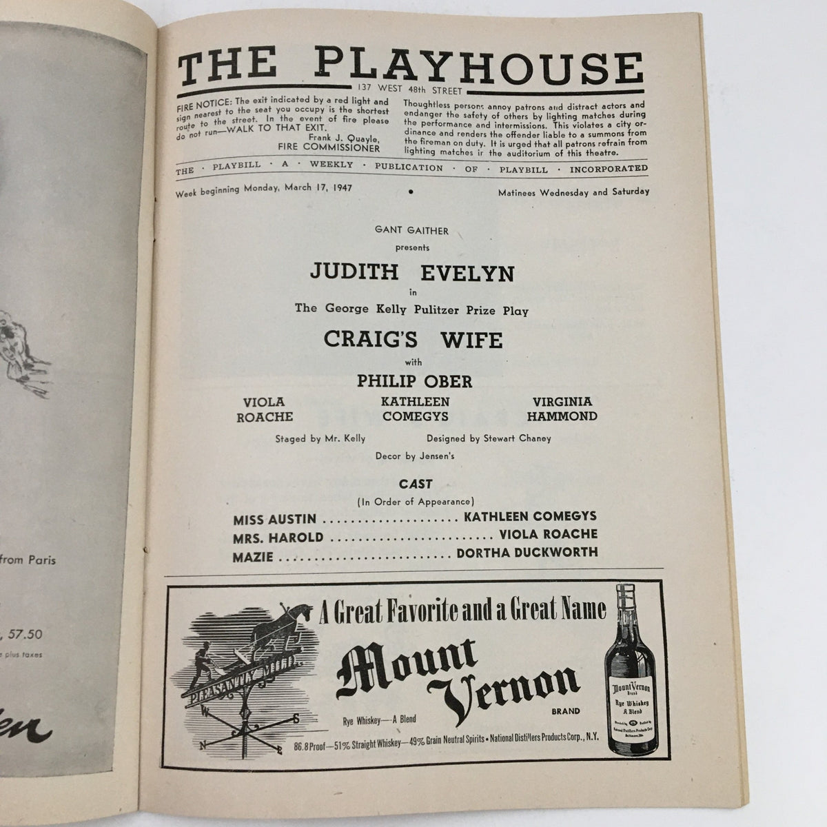 Interior of the 1947 Playbill from The Playhouse, showcasing Judith Evelyn in Craig's Wife with cast details and play information.