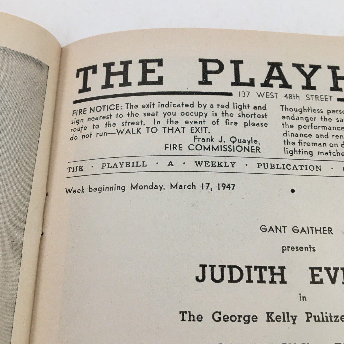 Page of the 1947 Playbill detailing the performance of Judith Evelyn in Craig's Wife, featuring theater information and safety notice.