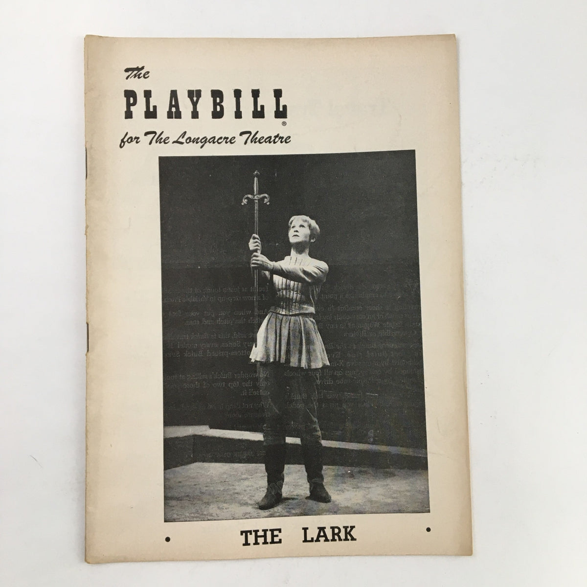Vintage 1956 Playbill for The Lark at Longacre Theater featuring a performance by Julie Harris, showcasing an actress holding a sword.