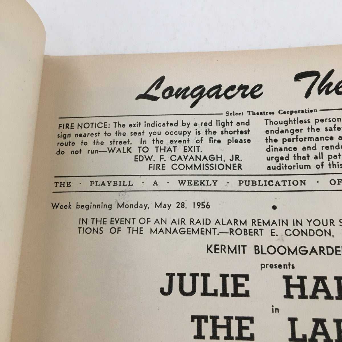 The title page of the 1956 Playbill for The Lark at Longacre Theater featuring the opening week details, highlighting the production's historical significance.